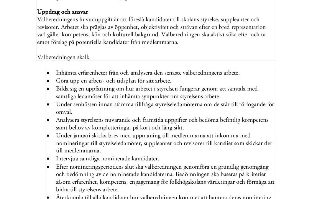 Arbetsordning för Bona folkhögskolas valberedning